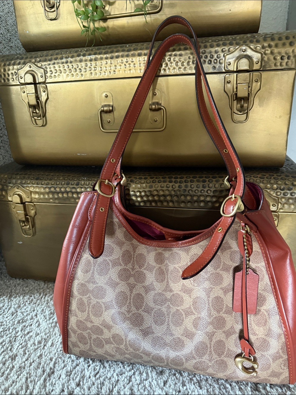 Coach Signature Canvas Shoulder Bag in Light Brown & Rust Red Trim